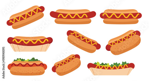 Collection of hot dogs with mustard and relish in various styles including plain buns and boats shown as isolated food illustrations.
