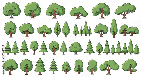 Extensive collection of various tree types including deciduous and evergreen species shown as isolated graphic icons on a white background.
