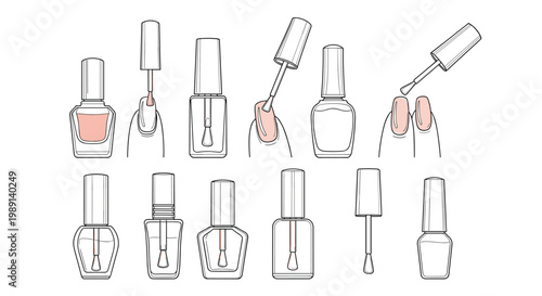 Set of illustrations showing various nail polish bottle shapes and the process of applying pink polish to fingernails on a white background.