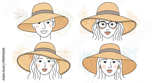 Four illustrations of women with different hairstyles and accessories wearing wide-brimmed straw hats for sun protection on a white background.