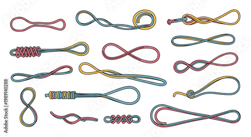 Collection of colorful rope knots loops and ties in various configurations shown as isolated graphic illustrations on a white background.