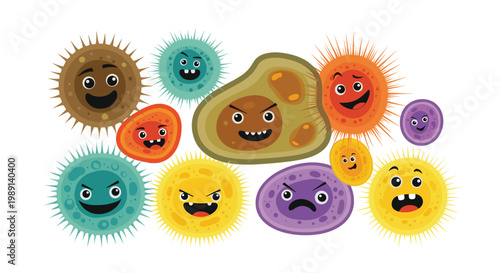Group of colorful cartoon germ and bacteria characters with various expressions and shapes representing micro-organisms on a white background.