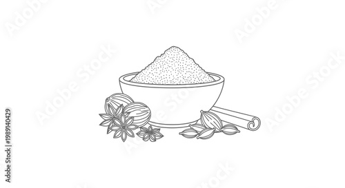 A mortar and pestle filled with a powder surrounded by leaves and a bulb.