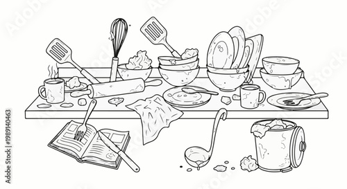 Messy kitchen scene with dirty dishes, cooking tools, and a cookbook