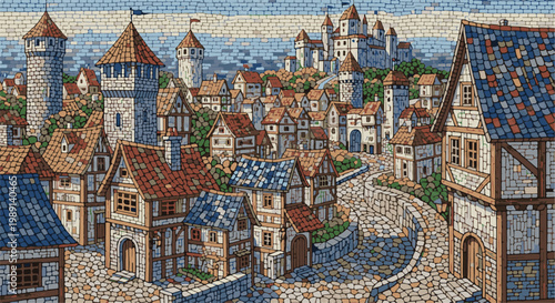 Medieval village mosaic with towers, houses, and cobbled streets under sky
