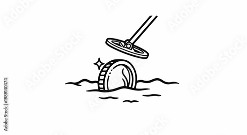 Metal detector finds a treasure coin partially buried in wavy ground