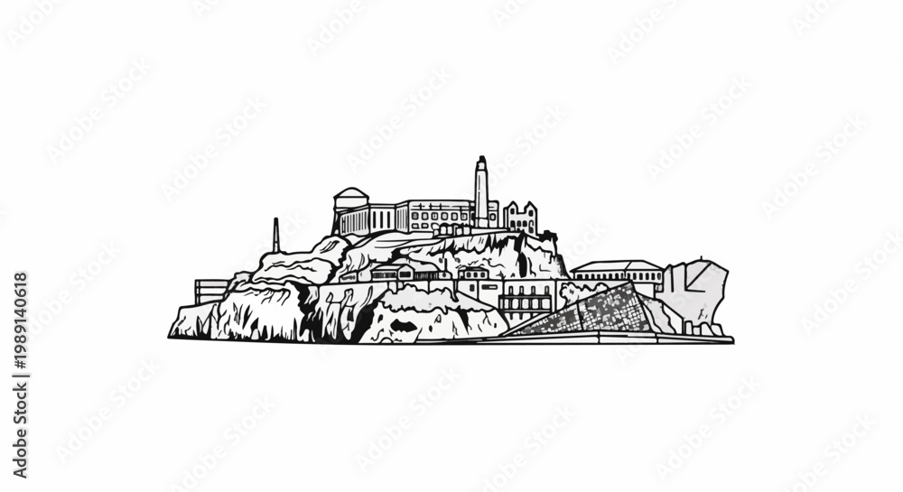Obraz premium Minimalist line drawing of a famous island prison and its structures