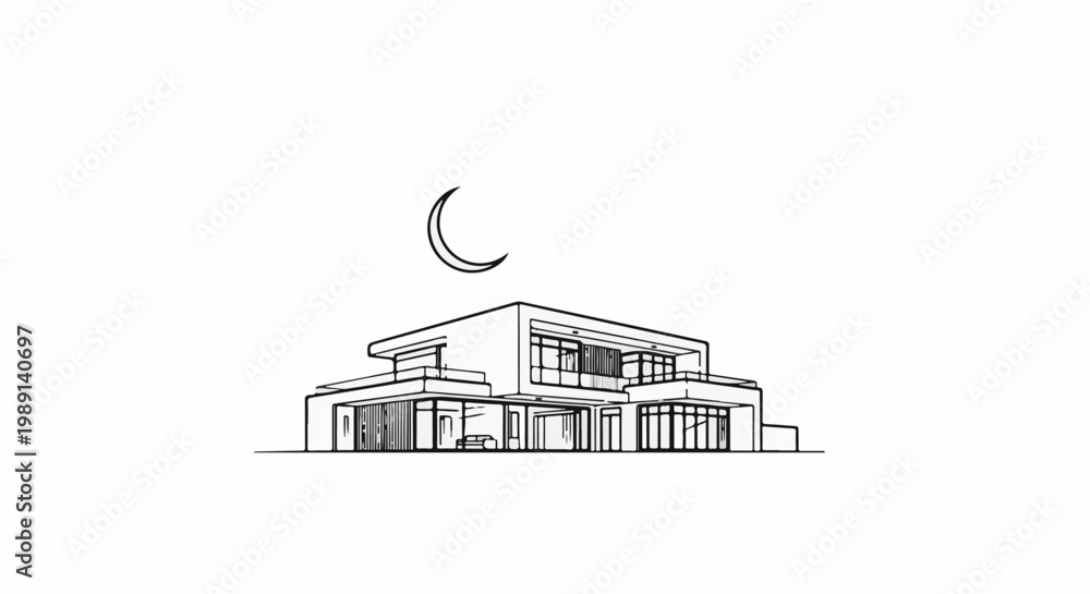 Fototapeta premium Modern two-story house with large windows under a crescent moon