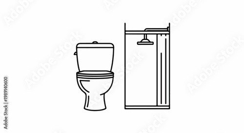 Minimalist line art shows a toilet next to a shower enclosure