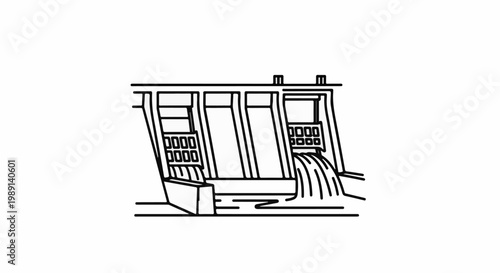 Minimalist line drawing of a dam releasing water from its spillways