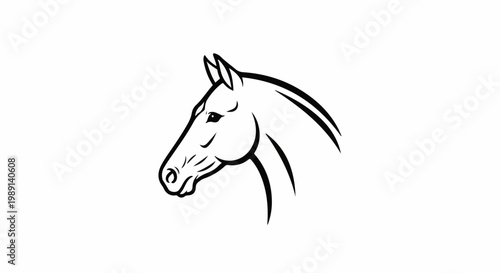 Minimalist black and white line art depicting a horse's profile with flowing mane