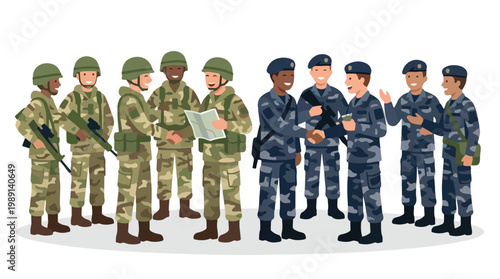 vector of different army troops making peace, carrying out a ceasefire 2