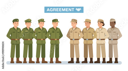 vector of different army troops making peace, carrying out a ceasefire 3