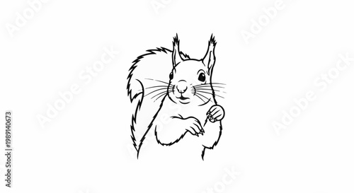 Minimalist line drawing of a fluffy squirrel with large eyes, bushy tail, and paws