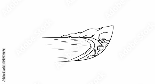 Minimalist coastal scene with hills, water, and two houses