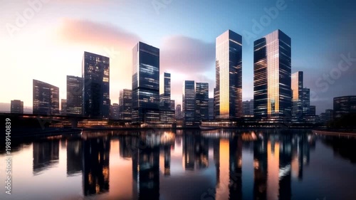 Modern city skyline at sunset, reflecting on the calm water, showcasing urban architecture and tranquility