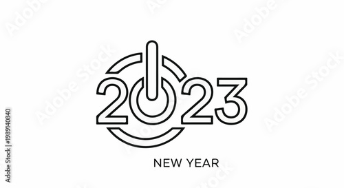 Minimalist outline of "2023" with a power button symbol integrated