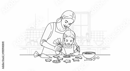 Mother and child decorating cookies in a kitchen