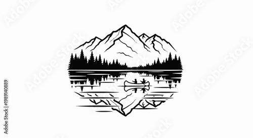 Mountain and forest reflect in lake with canoe