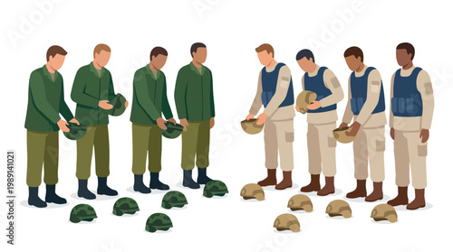 vector of different army troops making peace, carrying out a ceasefire 11