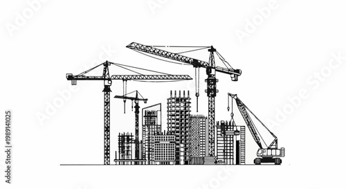 Multiple tower cranes dominate a skyline of partially constructed buildings