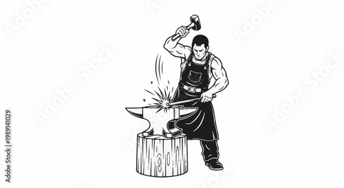 Muscular blacksmith hammers glowing metal on anvil, sparks fly