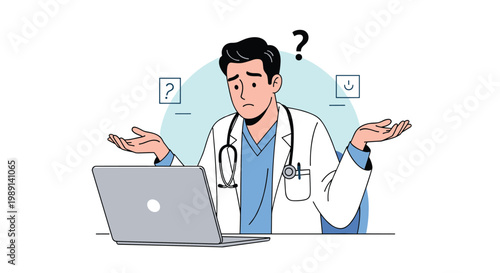 Male doctor in white coat and stethoscope looking confused while shrugging his shoulders in front of a laptop computer screen.