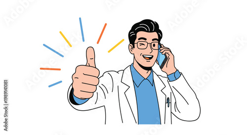 Smiling male doctor wearing glasses and a white coat giving a thumbs up gesture while talking on a blue mobile phone.