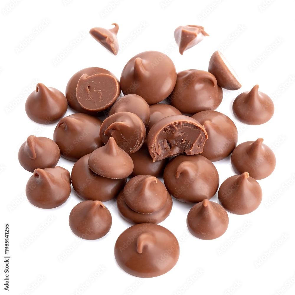 Fototapeta premium Close-up of glossy chocolate drops, some cut, on a clean white backdrop