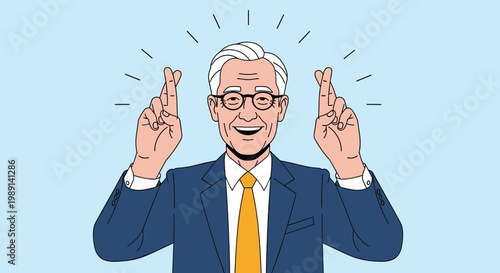 Happy senior businessman with white hair wearing a blue suit and glasses while holding his fingers crossed for good luck.