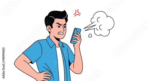Furious young man in a blue shirt shouting while looking at his smartphone with steam and red anger symbols above his head.