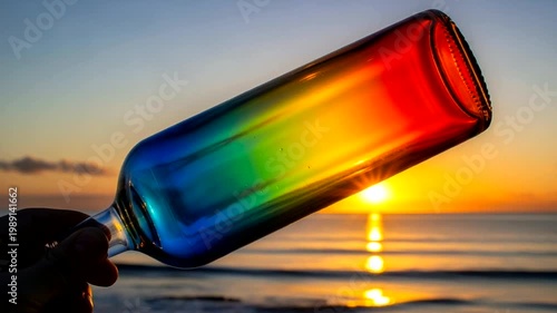 Colorful glass bottle held against a sunset, reflecting vibrant hues over the ocean