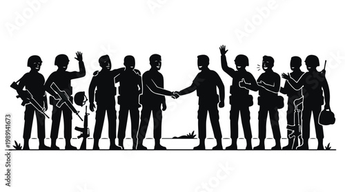 silhouette illustration vector of different army troops making peace, carrying out a ceasefire 1