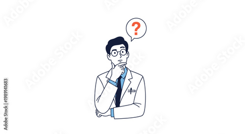 Male doctor in a white coat and glasses looking thoughtful with a red question mark in a speech bubble above his head.