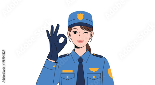 Friendly policewoman in a blue uniform winking and giving an okay hand gesture with a blue gloved hand on white background.