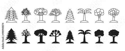 A collection of black tree silhouettes on a white background, showcasing various tree saplings to fruit trees and pine. Assortment of black silhouette trees with rounded and conical shapes on white.