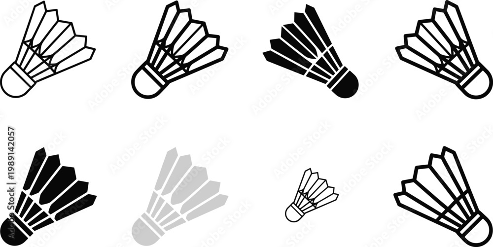 Obraz premium Badminton Shuttlecock Icon Set in Outline, Solid, and Minimal Styles with Multiple Angles for Sports Design, App Interface, Logo, and Web Graphics