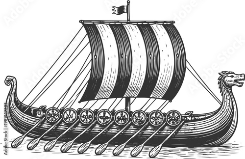 Viking Longship Drakkar Boat Vintage Engraving Line Art Illustration