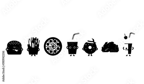 Flat vector cute fast food menu character set with funny burger, fries, pizza, drink, and snack mascots for restaurant design