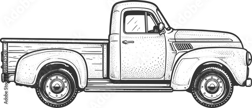 Classic Vintage Pickup Truck Side View Retro Line Art Illustration