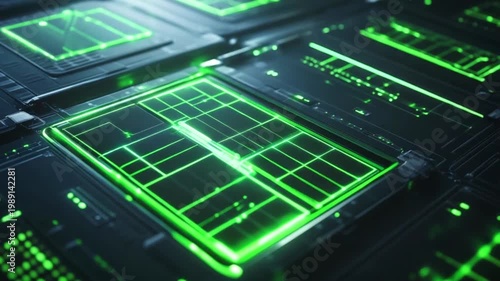 Futuristic digital interface showcasing glowing green grid patterns and data displays
