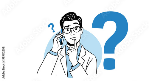 Confused professional man wearing glasses and lab coat talking on the phone with large blue question mark icon.