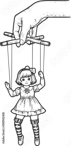 Puppet Control Concept Hand Manipulating Doll Vintage Engraving Illustration