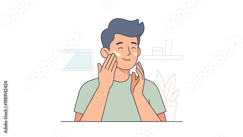 A happy young man with blue hair applying face cream or moisturizer to his cheeks, enjoying his skincare routine.