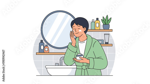 A man in a green robe applying face cream in a bathroom with a mirror and sink, practicing self-care.
