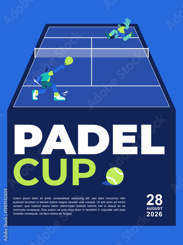 Padel Cup Tournament Poster Illustration with Athletes Playing on Court with blue and green palette