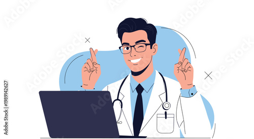 Hopeful male doctor sitting at his laptop while winking and keeping his fingers crossed for good luck and success.
