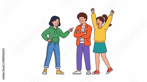 Three happy young friends interacting and celebrating together.