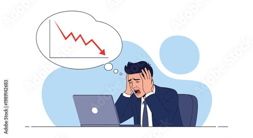 Stressed businessman sitting at his laptop with head in hands while thinking about a falling red arrow graph of loss.