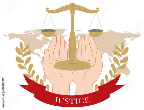 Justice Scales with World Map and Laurel Wreath Illustration